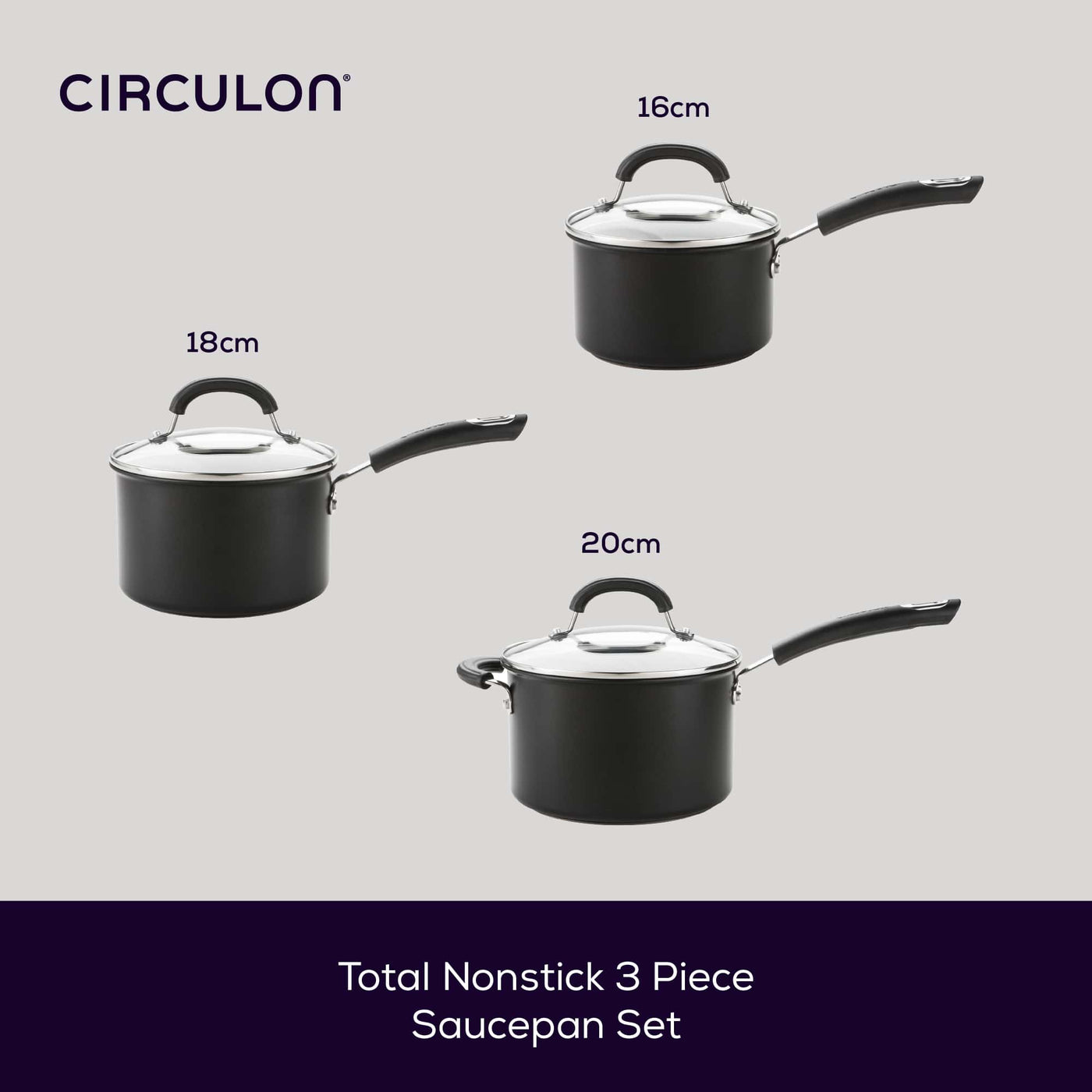 Total Long Lasting Non-Stick Induction Saucepan & Lid Set - 3 Pieces